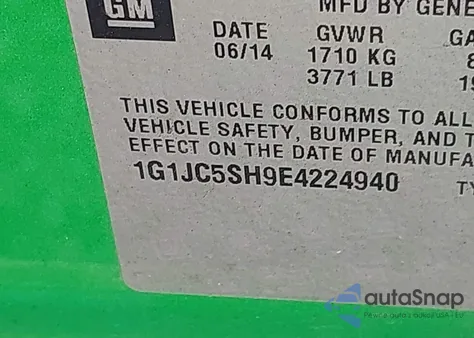 2014 Chevrolet Sonic Lt Auto z USA, uszkodzony, nr VIN 1G1JC5SH9E4224940